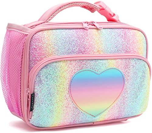 FlowFly Kids Lunch box Insulated Soft Bag Mini Cooler Back to School Thermal Meal Tote Kit for Girls, Boys,Glitter-RainBow