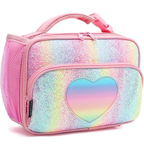 Flowfly Kids Lunch Box Insulated Soft Bag Mini Cooler Back To School Thermal Meal Tote Kit For Girls, Boys,Glitter-Rainbow #TOP3