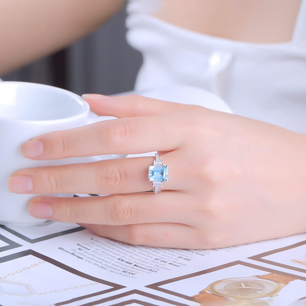 925 Sterling Silver Aquamarine Ring Three-Stone 7 * 9 MM Emerald Cut Aquamarine Rings for Women Moissanite Engagement Rings Gift for Lover - Image 6