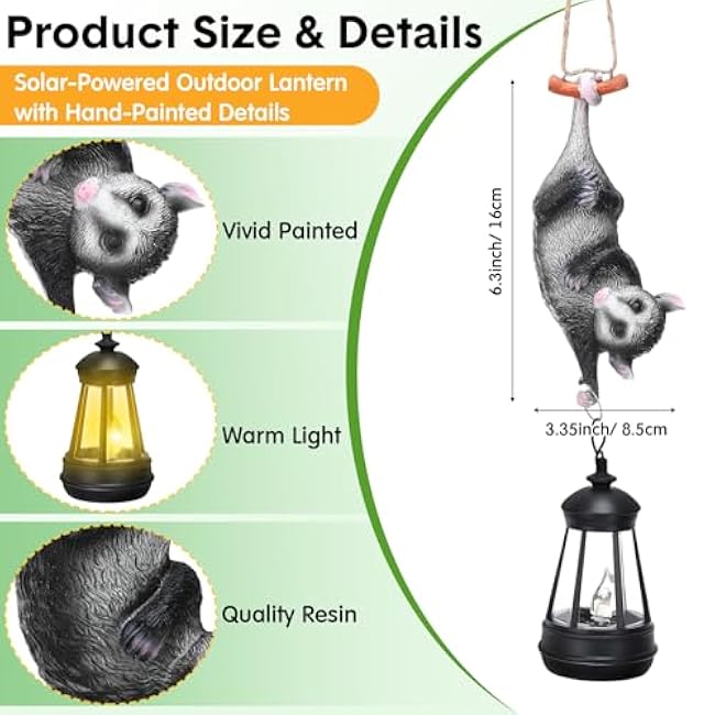 Gerrii Solar Light Outdoor Statues Resin Possum Upside Down with LED Lantern 13'' Waterproof Hanging Animal Figurine with String for Yard Garden Tree Wall Decoration Gifts for Mom Women
