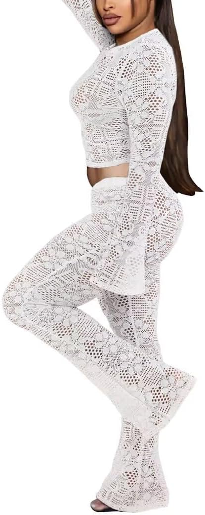 Kafiloe Women Sexy 2 Piece Outfits Clubwear Mesh Hollow Out Long Sleeve Crop Top Flare Pants Set Birthday Outfits - Image 2