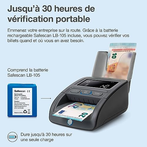 Safescan 155-S Complete détecteur de faux billets portable pour vérifier rapidement les billets - Détection sur 7 points - Machine de vérification d'argent 100% précise avec batterie et empileur – vue 7