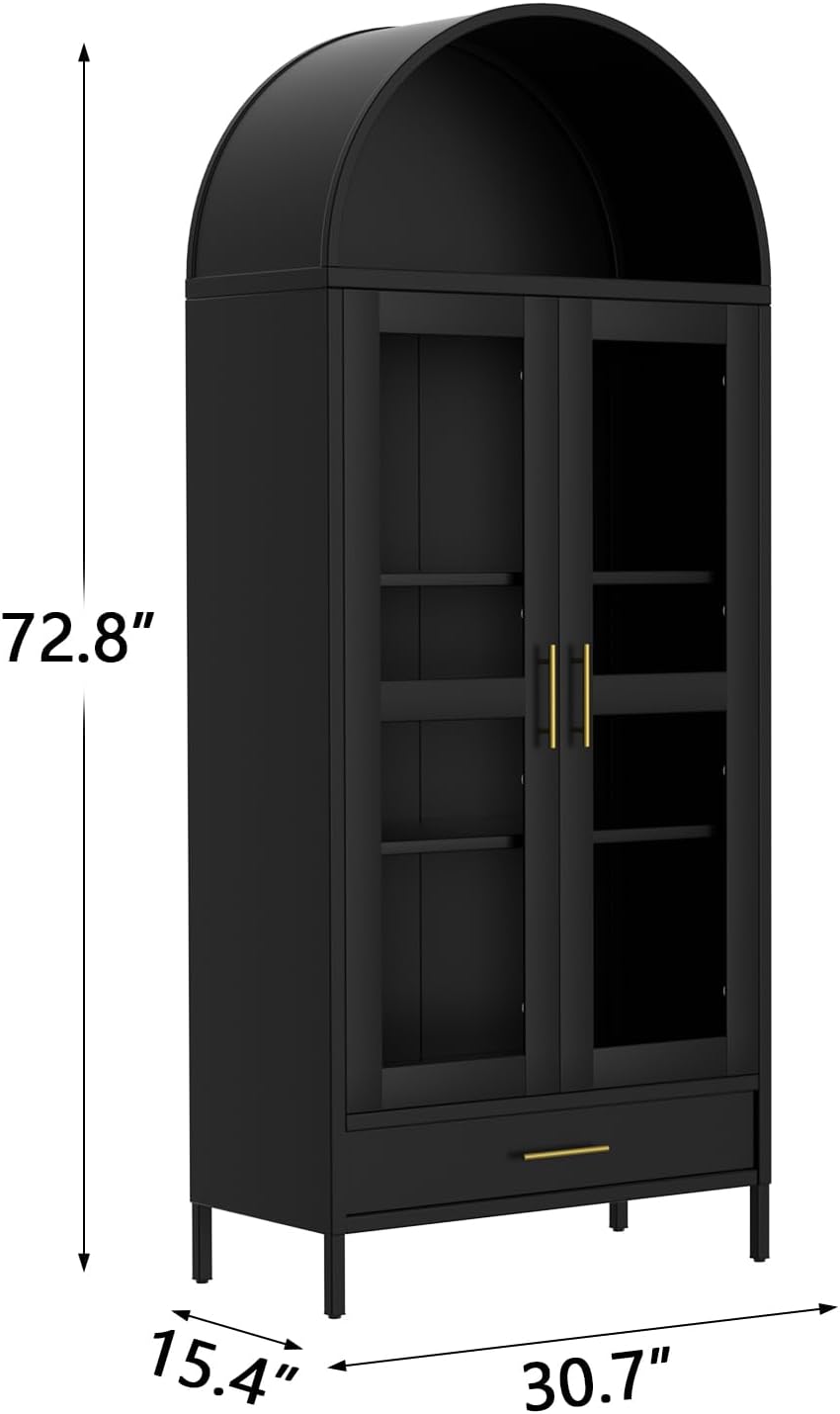 GarveeHome 73" Tall Arched Metal Storage Cabinet with Glass Doors & Drawer,Freestanding Pantry Cabinet with Adjustable Shelves, Modern Accent Bookshelf for Dining Room/Living Room, Black