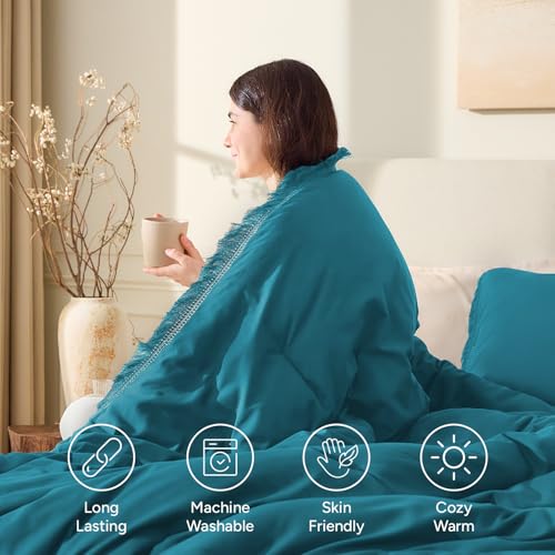 Image of Andency Turquoise Comforter Twin Size, 2 Pieces Boho Teal Tassel Lightweight Bedding Comforter Sets for Twin Bed, Teal Blue All Season Soft Fluffy Fringe Bed Set (66x90In Comforter & 1 Pillowcase)