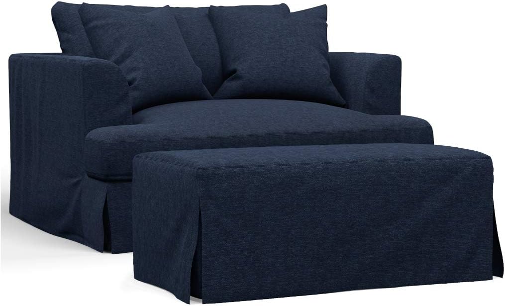 Sunset Trading Newport Slipcovered Chair and A Half with Ottoman, Oversized 52" Wide, Performance Fabric Navy Blue (SY-130015-30-391049)