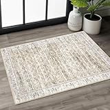 SIILOOM 2x3 Washable Rugs Soft Area Rug for Door mat Indoor, Beige Yellow White Non-Slip Indoor Door Mat Distressed Floral Low-Pile Neutral Vintage Carpet for Entrance Kitchen Farmhouse