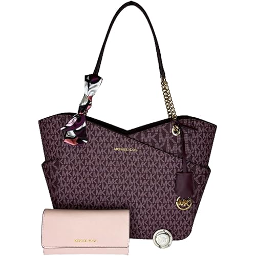 Michael Kors Jet Set Travel Large Chain Shoulder Tote bundled Jet Set Travel Trifold Wallet (Signature MK Bordeaux/Pink)