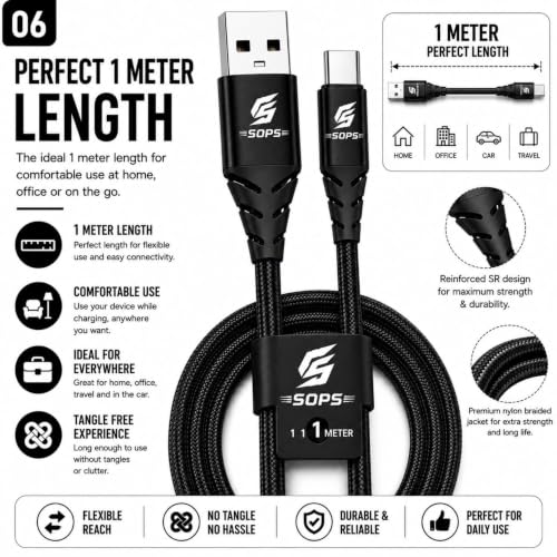 Image of 33W Fast Charging USB A to Type C Braided Cable, 3A Fast Charging, 480Mbps High Speed Data Sync, Premium Nylon Braided, Tangle Free, Reinforced Connectors, 1 Meter, Black, for USB Type C Devices