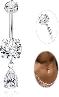 14G G23 Pure Titanium Dangle Belly Button Ring for Women Teardrop Dangling Belly Ring Internally Threaded Barbell Dainty Dangly Navel Ring CZ Belly Piercing Jewelry 6-16MM