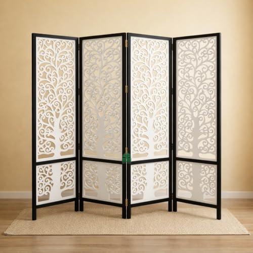 Image of Wooden Room Divider 6 Feet, 4-Panel Folding Wooden Partition for Living Room, Office, Pooja Room, Restaurant, Kitchen & Balcony (2W x 1.82H Meters). (White Black Border)
