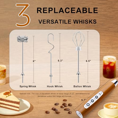 Image of YUSWKO Wood Grain Handheld Milk Frother Wand for Coffee, Rechargeable Electric Whisk with 3 Heads 3 Speeds Drink Mixer Coffee Frother For Latte, Cappuccino, Hot Chocolate, Egg