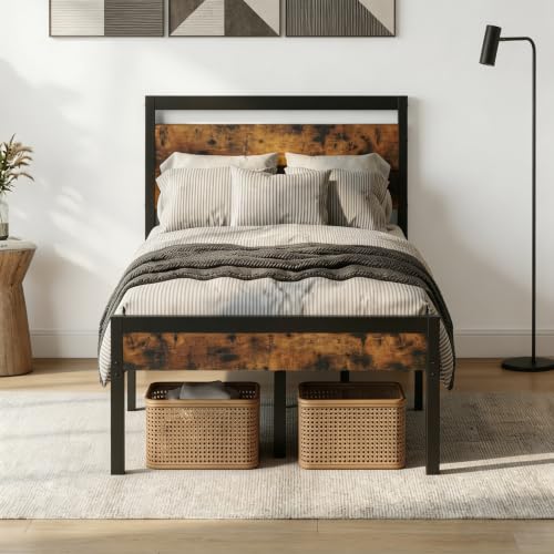 Sweetcrispy Twin 14 Inch Bed Frame with Wood Headboard, Rustic Brown Sweetcrispy Twin 14 Inch Bed Frame with Wood Headboard, Rustic Brown - Image 1