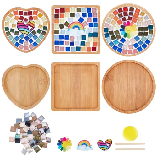 WEBEEDY 3 Set DIY Rainbow Mosaic Coaster Kit Stained Mosaic Glass Pieces DIY Glass Mosaic Tiles for Crafts Drinking Cup Coaster Decorate Your Own Heart Flower and Rainbow Design Coaster