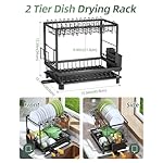 Dish Drying Rack, 2 Tier Space-Saving Dish Rack, Multifunctional Dish Drainer for Kitchen Counter with Drainboard/Utensil/Cup Holder Rustproof Carbon Steel, Black - Image 2
