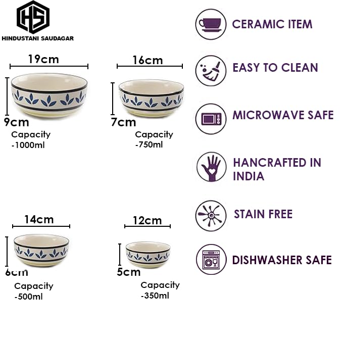 Image of HS Hindustani SAUDAGR Lemon Leaf Bloom Multi Size Ceramic Bowls 1000 ML, 750 ML, 500 ML and 350 ML, Set of 4 Microwave Safe Bowls katori Ideal for Snacks Rice dal Desserts and Gifting.