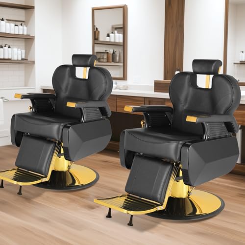 Barber Salon Hair Chair, Hydraulic Rolling 360° Swivel Barber Reclining Chairs for Barbershop, Heavy Duty Hairdresser Chair Beauty Salon Spa Shampoo Styling Equipment, Adjustable Headrest, Black&Gold