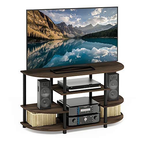 Image of Furinno JAYA Simple Design Corner TV Stand, Columbia Walnut /Black | Open Shelf Design Corner Entertainment Center, TV Console, Round Corner, for Living Room, Bedroom