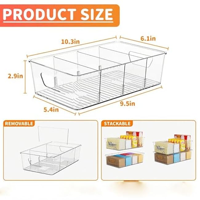 Fridge Organizer, Plastic Partitioned Drawer Style Refrigerator Storage Box with Matching Partition Inserts (2pack)