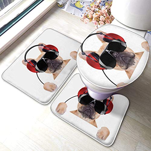 IUBBKI Dj Bulldog - Set di 3 tappetini per il bagno in flanella con cuffie per ascoltare musica e ascoltare musica comfort