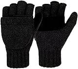 Korlon Winter Wool Knitted Convertible Fingerless Gloves with Mitten Cover Black One Size