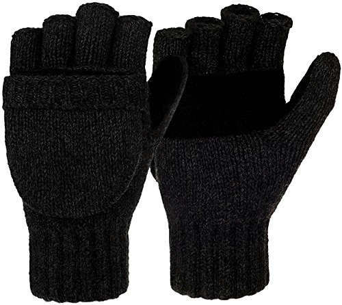 Korlon Winter Wool Knitted Convertible Fingerless Gloves with Mitten Cover Black One Size