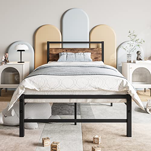 Foubam Twin Bed Frame With Wood Headboard,Farmhouse Bed Twin Metal Platform Bed Frames No Box Spring Needed,Firm Mattress Foundation Steel Slats Support,Under Bed Storage Without Noise,Vintage Brown #TOP2