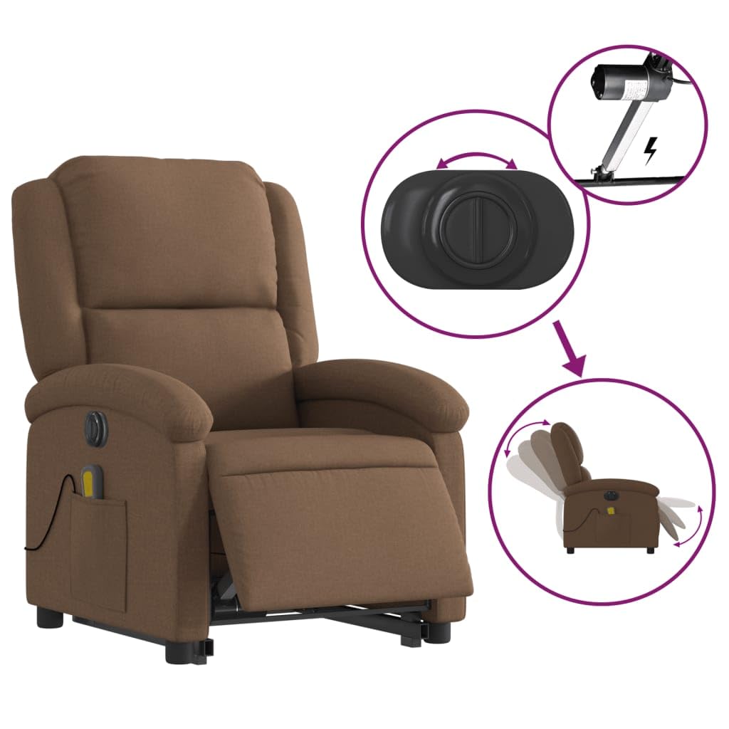 Sillón elevador eléctrico reclinable con masaje de 6 puntos, tejido marrón, función elevación y vibración, estructura estable de madera y metal, cómoda con bolsillo