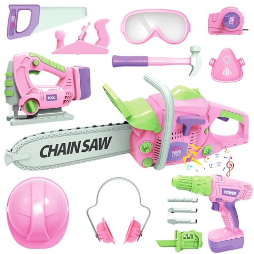 Image of Kids Construction Tool Set for 3 4 5 6 7 Year Old Boys Girl,Pink Preschool Pretend Play Tool,Pretend Play Tools Set Toddler Toys,with Electric Drill Chainsaw、Electric Drill,Toy Tools Gifts for Kids