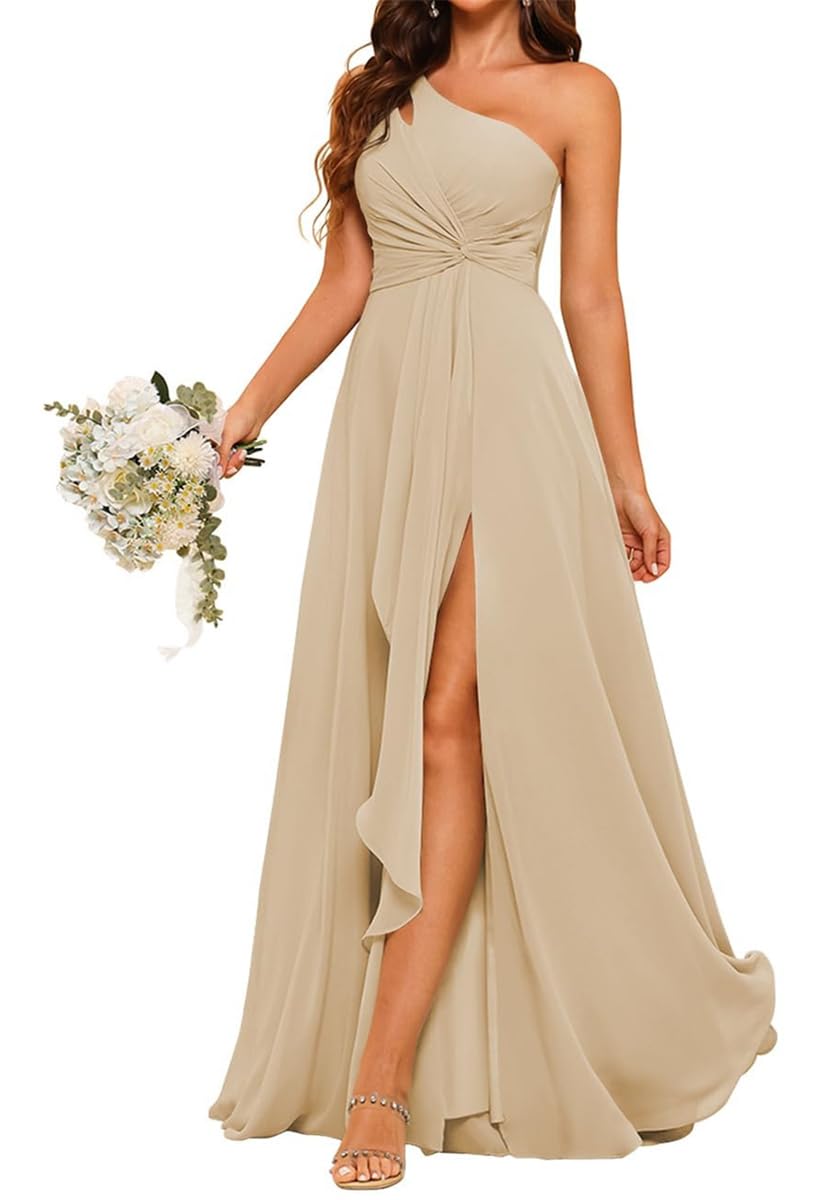 YIANN Champagne Bridesmaid Dresses for Wedding Pleated One Shoulder Chiffon Formal Evening Dress Long Maid of Honor UK16