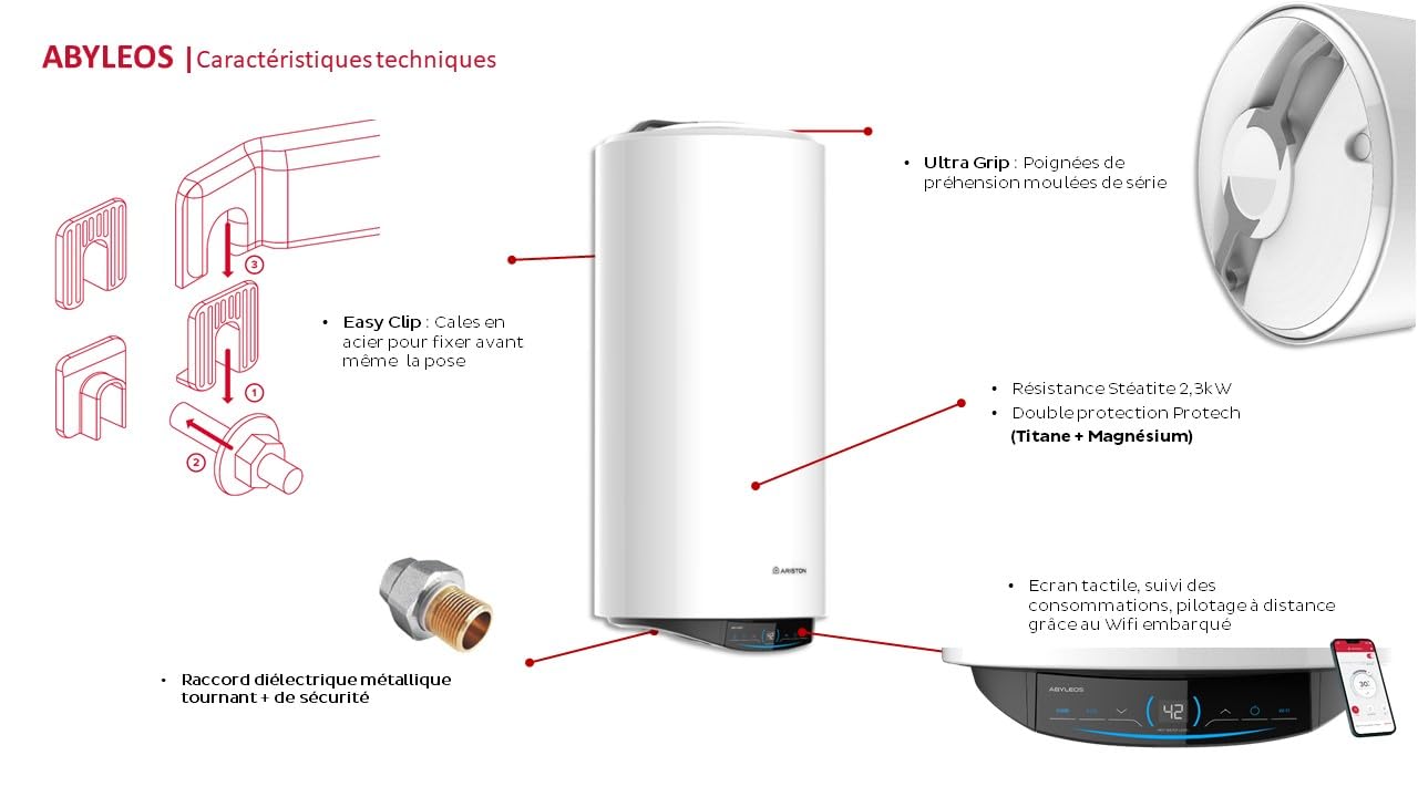 Ariston ABYLEOS XPERT WIFI Chauffe-eau Électrique Steatite Connecté 200L - Vertical Mural Ø530mm - Flexibilité Energétique - Remplacement à Vie - Technologie ACI - NF Performance 3 étoiles