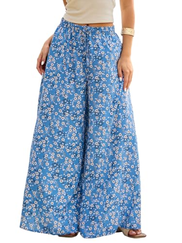 ZANZEA Women's Wide Leg Trousers High Waisted Flowy Floral Palazzo Pants with Pockets Summer Casual Lounge Boho Beach Trousers Floral Blue M