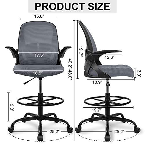 Image of Primy Drafting Chair Tall Office Chair with Flip-up Armrests Executive Ergonomic Computer Standing Desk Chair with Lumbar Support and Adjustable Footrest Ring（Dark Gray）