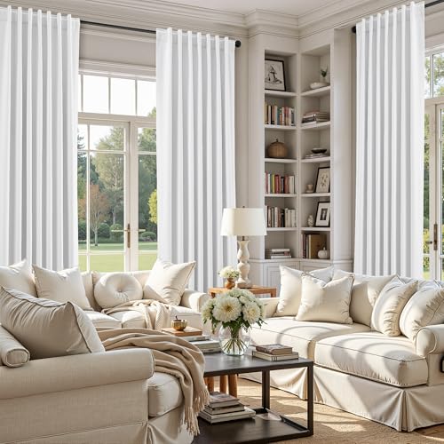 Image of Nanspring White 100% Blackout Linen Curtains for Bedroom 45 Inches Long Back Tab Thermal Insulated Modern Farmhouse Decor Black Out Curtain for Living Room Dining Room Neutral Drapes 52x45, 2 Panels