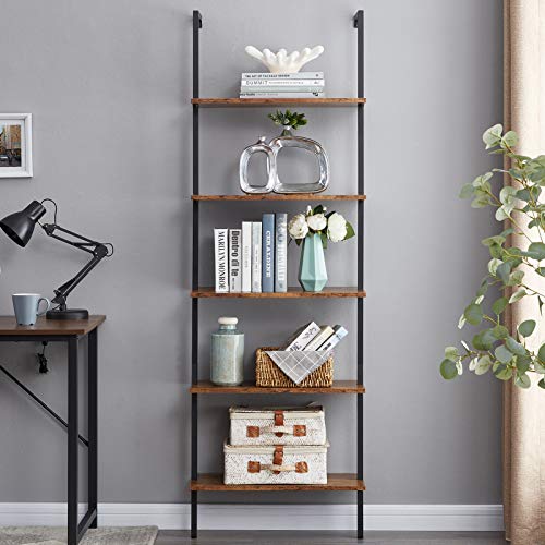 SUPERJARE Industrial Ladder Shelf, 5-Tier Wood Wall-Mounted Bookcase with Stable Metal Frame, 72 Inches Storage Rack Shelves Display Plant Flower, Stand Bookshelf for Home Office - Rustic Brown