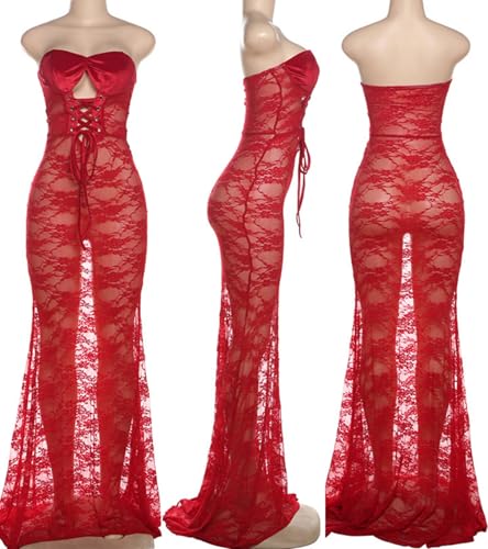 Image of Sexy Strapless Lace Maxi Dress See Through Sleeveless Bodycon Tube Sheer Mermaid Dress Evening Party Gowns Dresses