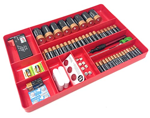 MLTOOLS Tool Drawer Organizer Tray - 10-Compartment Home & Garage Tool Tray - Stackable Workbench Toolbox Organization Holder for Small Parts, Batteries, Supplies - Made in The USA - OT10R Red