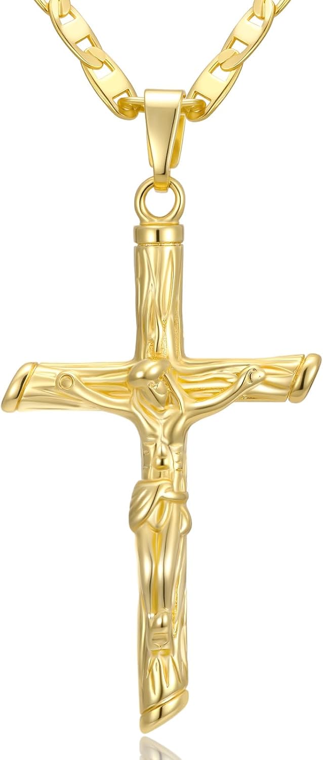 14K Gold Cross Necklace for Women Men 14K Gold Crucifix Pendant Chain Jesus Cross Necklace Religious Jewelry Christian Gift