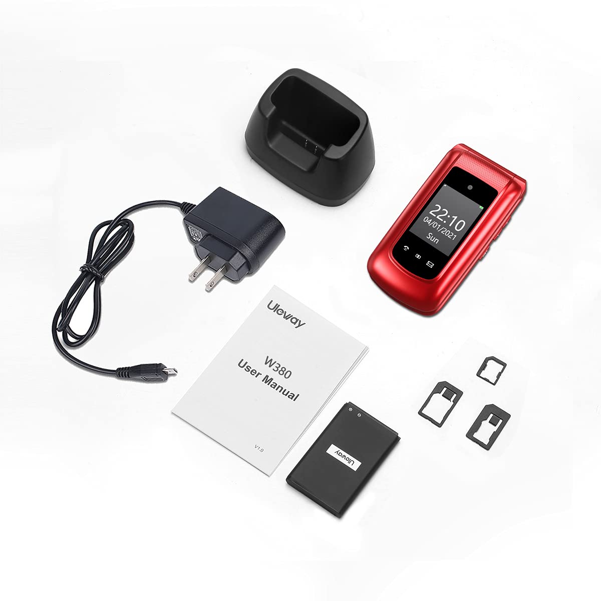 uleway GSM Telefono Cellulare per Anziani,Tasti Grandi,Volume alto,Funzione SOS,Pantalla 2.4,Base di ricarica e fotocamera(Rosso)(con 1 * batteria 1000mAh)