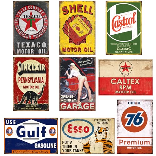 9 PCS Vintage Metal Tin Garage Signs Retro Oil & Gas Station Wall Decor for Man Cave - 8x12 Inch Old Car Shop Posters