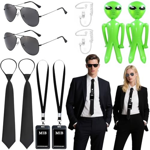 10 Stück Geheimdienst Kostüm Zubehör Set, Agent Kostüm Accessories Kit mit Sonnenbrille Kopfhörer Krawatten MIB-Anhänger Alien Aufblasbare mit Lanyard für Männer Frauen MIB Cosplay Mottoparty