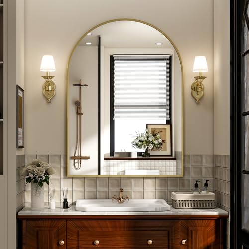 Arch Bathroom Mirror, 20x30 inch Arched Bathroom Mirror/Wall Mounted Vanity Mirror - Arch Metal Frame Wall Mirror for Bathroom Bedroom Living Room, Gold by Easly - Used condition - CA$32.44