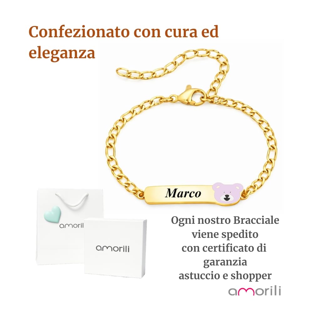Bracciale Bimbo Bimba Personalizzato Personalizzabile con Incisione Nome in Acciaio Inox Dorato – Ciondolo Orsetto Smaltato – Braccialetto Bambino Bambina Regolabile – Idea Regalo