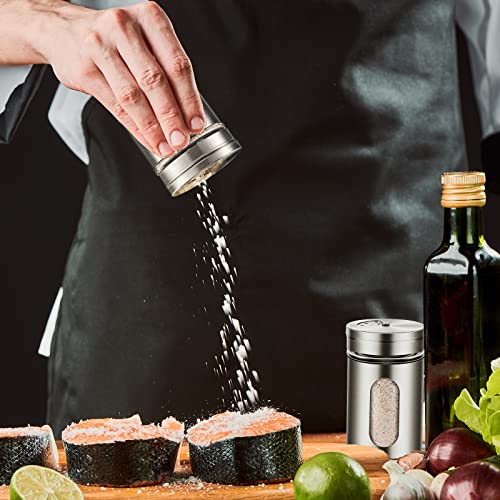 Dandat 24 Pcs Salt and Pepper Shakers Stainless Steel Spice Shakers with Adjustable Pour Holes and Glass Window 3.4oz Salt Dispenser Spice Jars with Rotating Lids for Sugar Seasoning Home