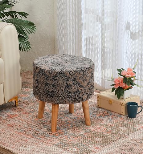 Image of NACIA Printed Ottoman Stool Set of 2 | Soft Cushioned Velvet Pouf Footrest with Wooden Legs | Decorative Seating Stool for Bedroom Living Room Home & Office (16x16x17 Inch, Coffee Damask)