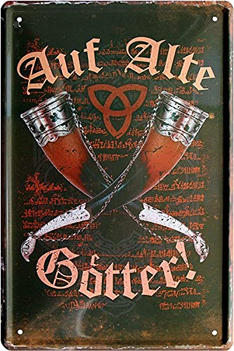 schilderkreis24 Wikinger Spruch: ”Auf Alte Götter“ Prost Deko Thor Metallschild Bar Kneipe Theke Trinkhorn Vikinger Walhalla Odin Met Bier Germanen Geschenk Geburtstag Weihnachten 20x30 cm