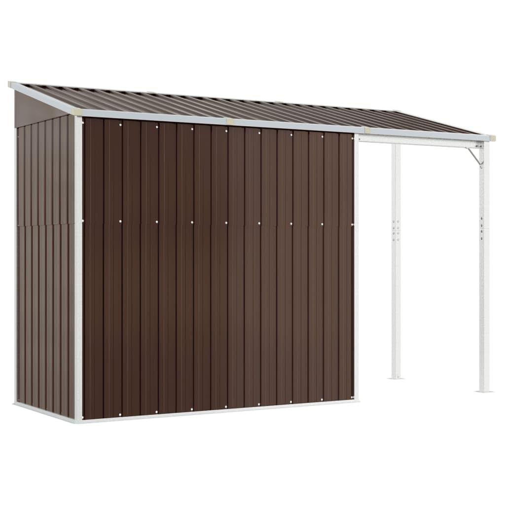 Domek ogrodowy z przedłużonym dachem brązowy 277x110,5x181 cm stal, domek ogrodowy, domek do przechowywania ogrodu, domek na narzędzia ogrodowe