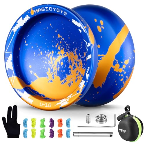 MAGICYOYO V10 Finger Spin Yoyo Professional Metal Trick Yoyo Responsive & Unresponsive Dual Purpose Yo Yo with Storage Case + Yo Yo Glove +12 Strings(Blue Golden)