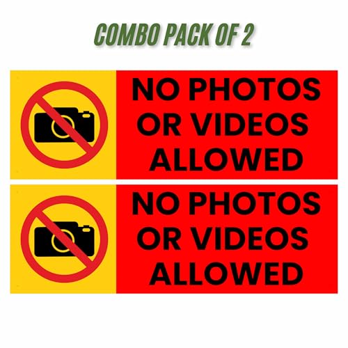Image of No Photos Or Videos Allowed Sign Sticker (20.5 x 7 CM) - Pack of 2 | Peel & Stick Sign Board with 4 Corner Holes | Wall, Office, Shop, School, CCTV Area Notice (No Photos Or Videos Allowed, Small - 20.5 X 7 CM)
