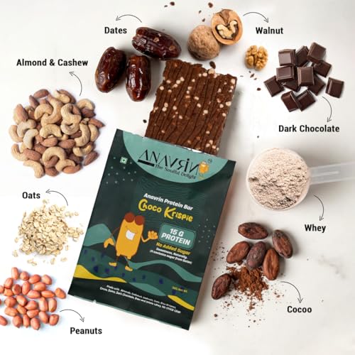 Image of ANAVRIN Choco Krispie Protein Bar - 15g Protein, 4g Fibre in each Bar (6 Bars x 50gm) Goodness of Dates, No Added Sugar, No Soy, No Preservatives High Protein Energy Bar, Healthy Snack