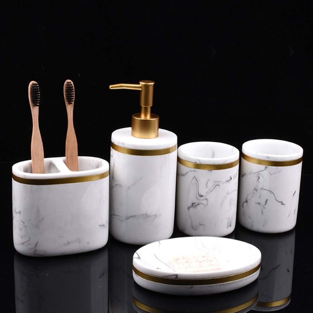 Cabilock 5pcs Marble Look Bathroom Accessory Set Stylish Hand Bottle Soap Dish Mouthwash Cups for Organized and Elegant Bath Spaces